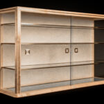 AyaKi #1 Display Cabinet made of Swiss sycamore maple, with decorative brass inlays and decorative Japanese paper. ©Atelier Aimanuel.Art